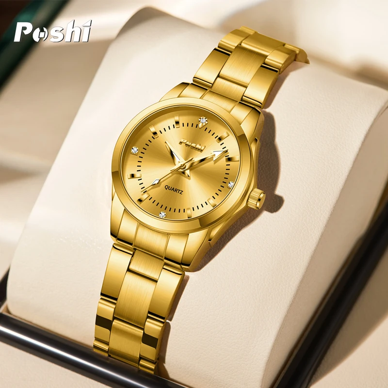 POSHI Casual Ladies Wristwatch Original Quartz Watch Luxury Fashion Bracelet Simple Dial Gold Clock Stainless Steel Strap