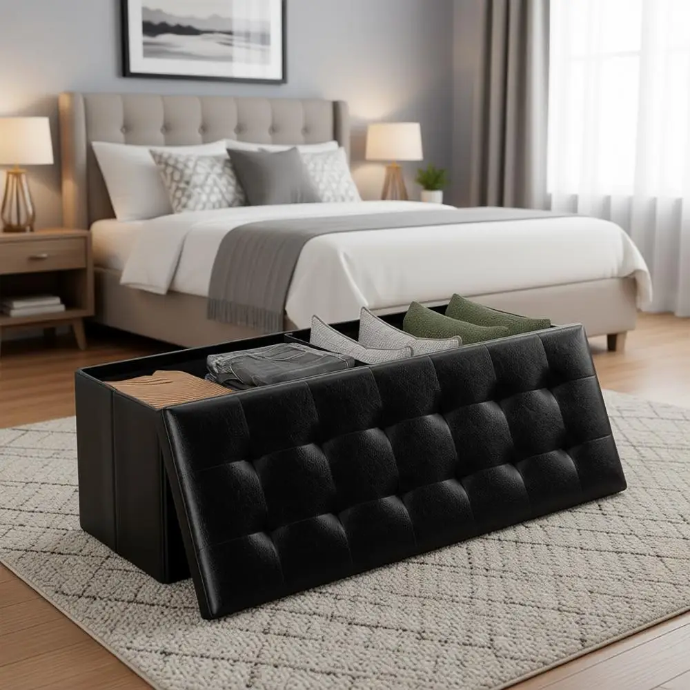 

43 Upholstered Storage Ottoman Bench with Side Pocket, Padded Seat, End of Bed or Living Room Furniture