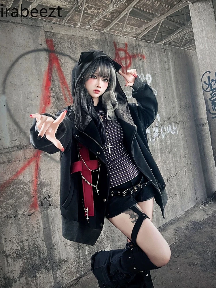 ثقافة فرعية الحلو التوابل الألفية الشرير سلسلة داكنة الصليب زائد الصوف القط الأذن معطف هوديي معطف سوداديراس الفقرة موهير