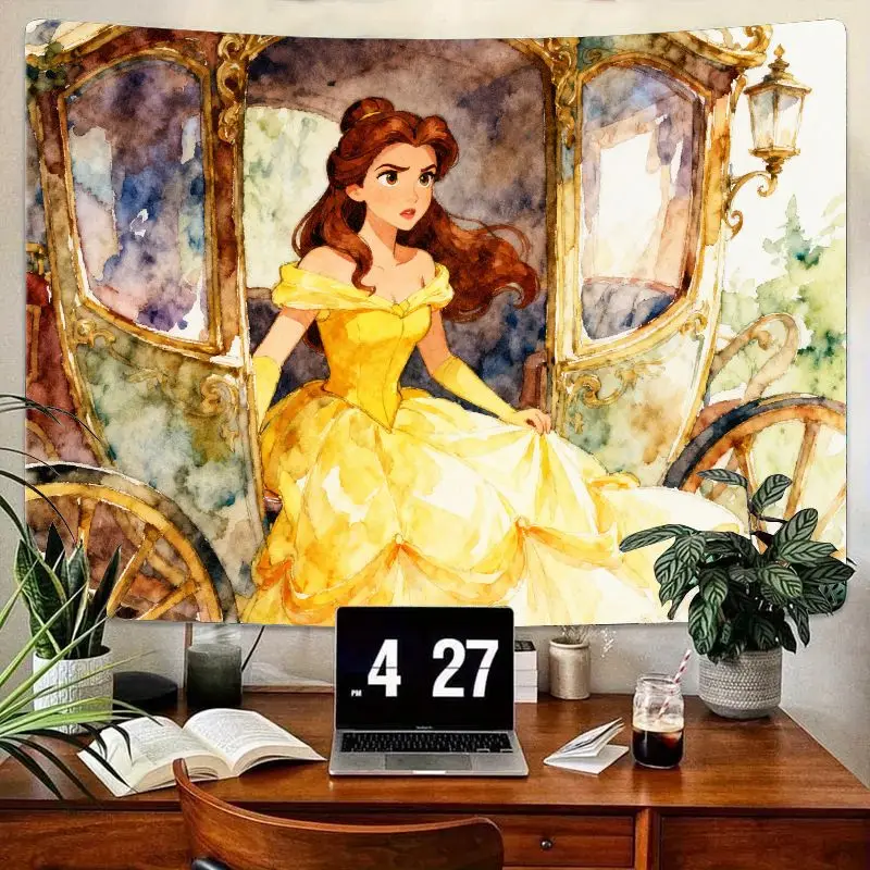 

1PC Disney Princess Belle Tapestry, Beauty and the Beast Watercolor Carriage Wall Art, Aesthetic Room Decor Gift for Girls