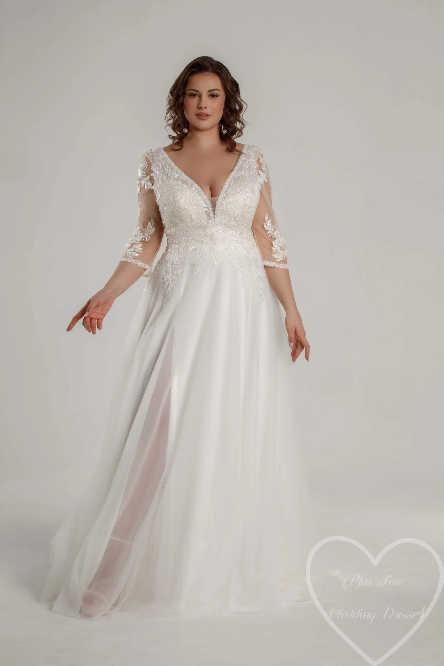 Plus Size 3/4 Sleeves Tulle Wedding Dresses 2026 Glitter Applique Sexy Wedding Gowns With Slit Sparkle Ivory Bridal Gowns Custom