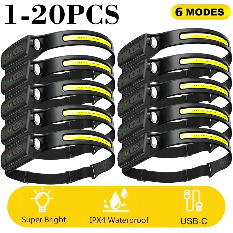 1-20PCS LED Induction Headlamp USB Rechargable Headlight Flashlight Built-in Battery Head Torch Outdoor Camping Fishing Lantern