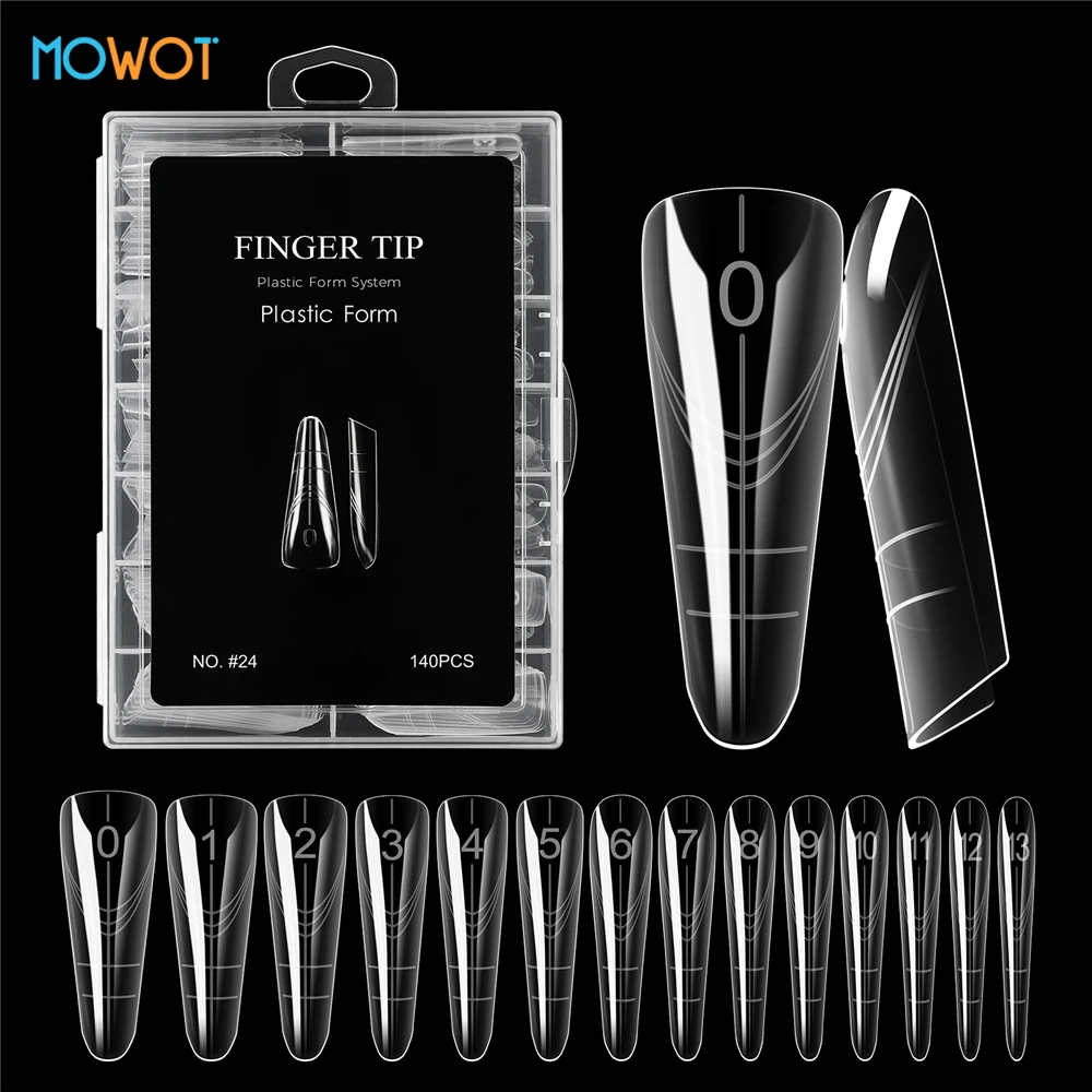 MOWOT 140 pièces Formes d'ongles en amande double usage 14 tailles transparentes pour gel UV acrylique, moules à ongles à construction rapide, réutilisables, extensions d'ongles artificiels