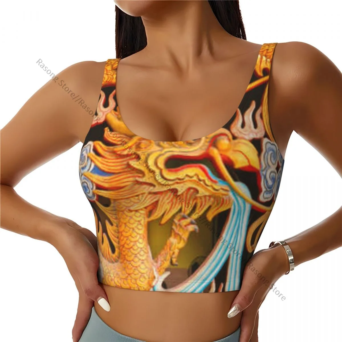 Yoga Vest Women Gym Sports Crop Tops Molded Dragon Figure Streetwear Workout Breathable Tank Top Female