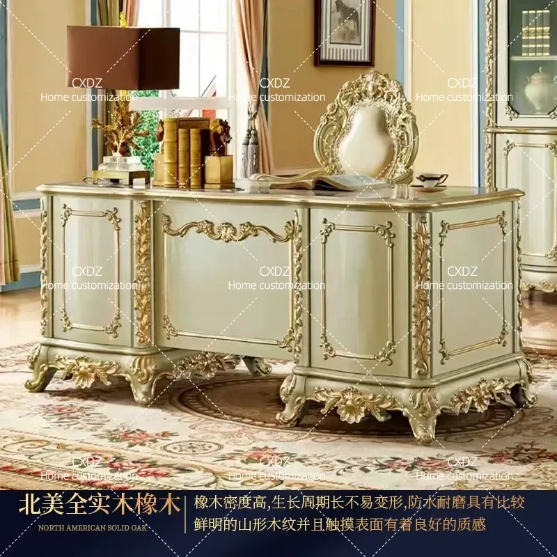 European desk solid wood carving flower study table champagne gold computer table desk writing desk light luxury boss table