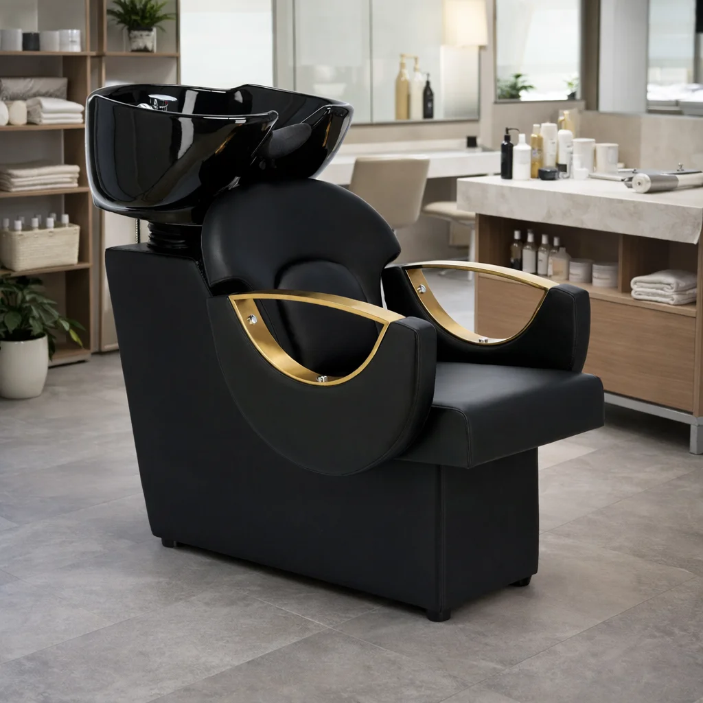 Luxury Salon Shampoo Chair With Gold Curved Armrest Professional Hair Washing Bed Ceramic Basin Comfortable Design