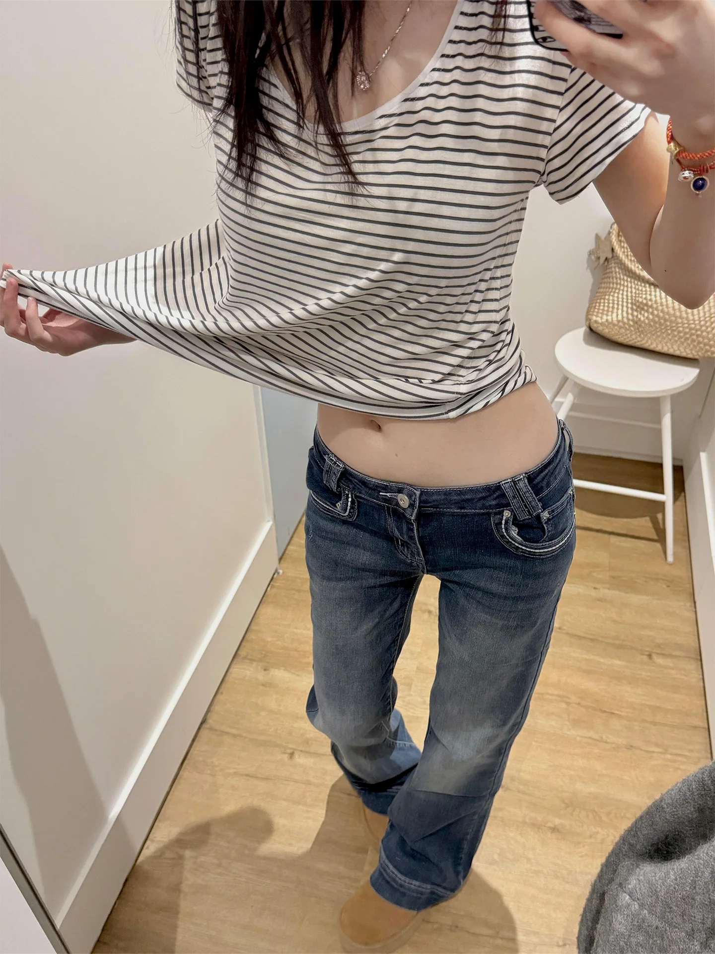 

Low Waist Floor-Length Slim Fit Blue Jeans Women's Style Retro American Bell Bottoms Straight Leg Warm Casual Spring Jeans