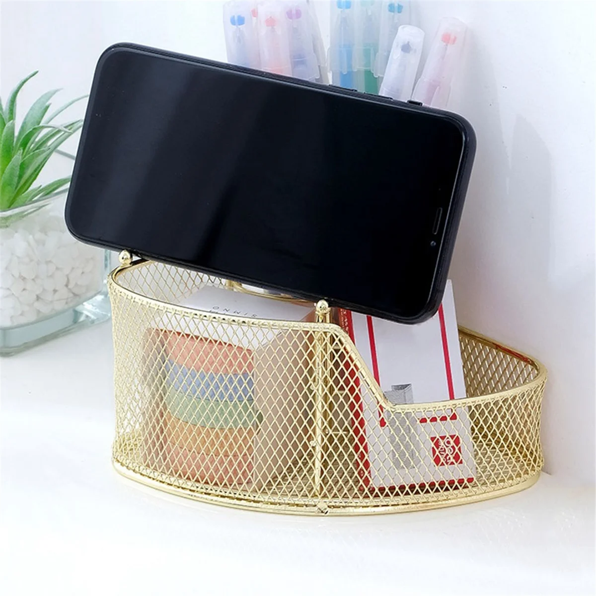 Exquisite Mesh Pen Holder Triangle-Shaped Metal Stationery Storage Holder 3 Compartment Desktop Office Storage Holder B