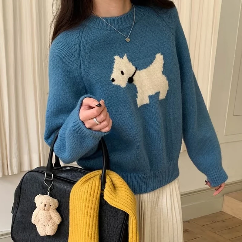Korean Fashion Autumn Winter Round Neck Long Sleeved Pullover Lovely Puppy Sweater Women Tops Loose Casual Knitted Sweater