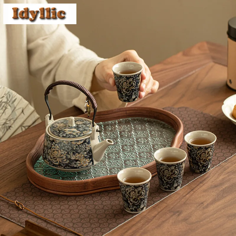 Flowers Peony Lifting Handle Tea Set Complete Set Retro Tea Ceremony Set Household Teapot And Tea Cup Set Tableware Ornaments