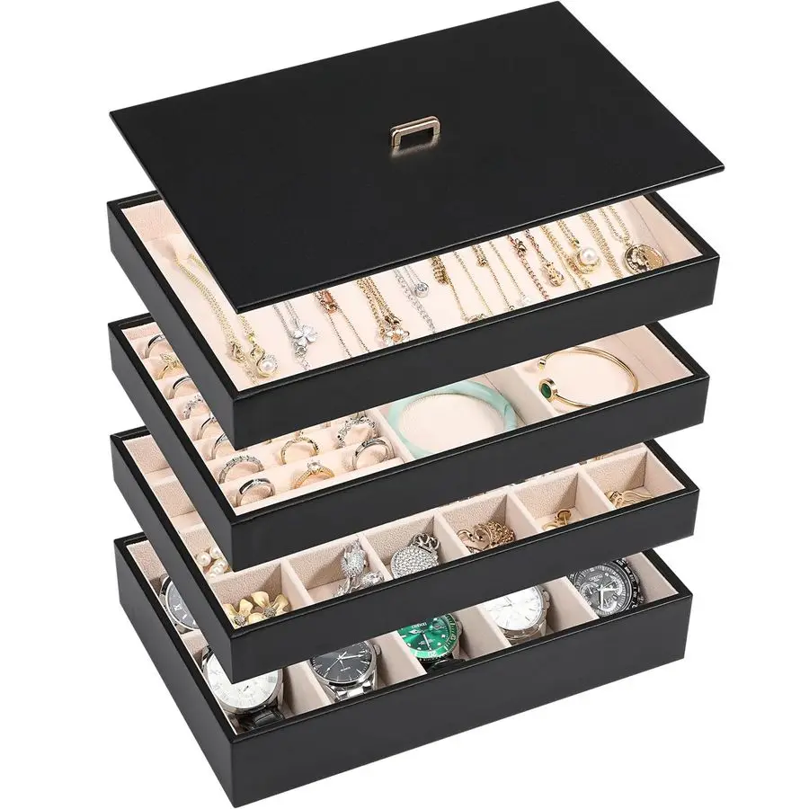 

Stackable Jewelry Organizer Tray with Lid, PU Leather Jewelry Storage Holder for Drawer Inserts, Jewellery Display Box Case for