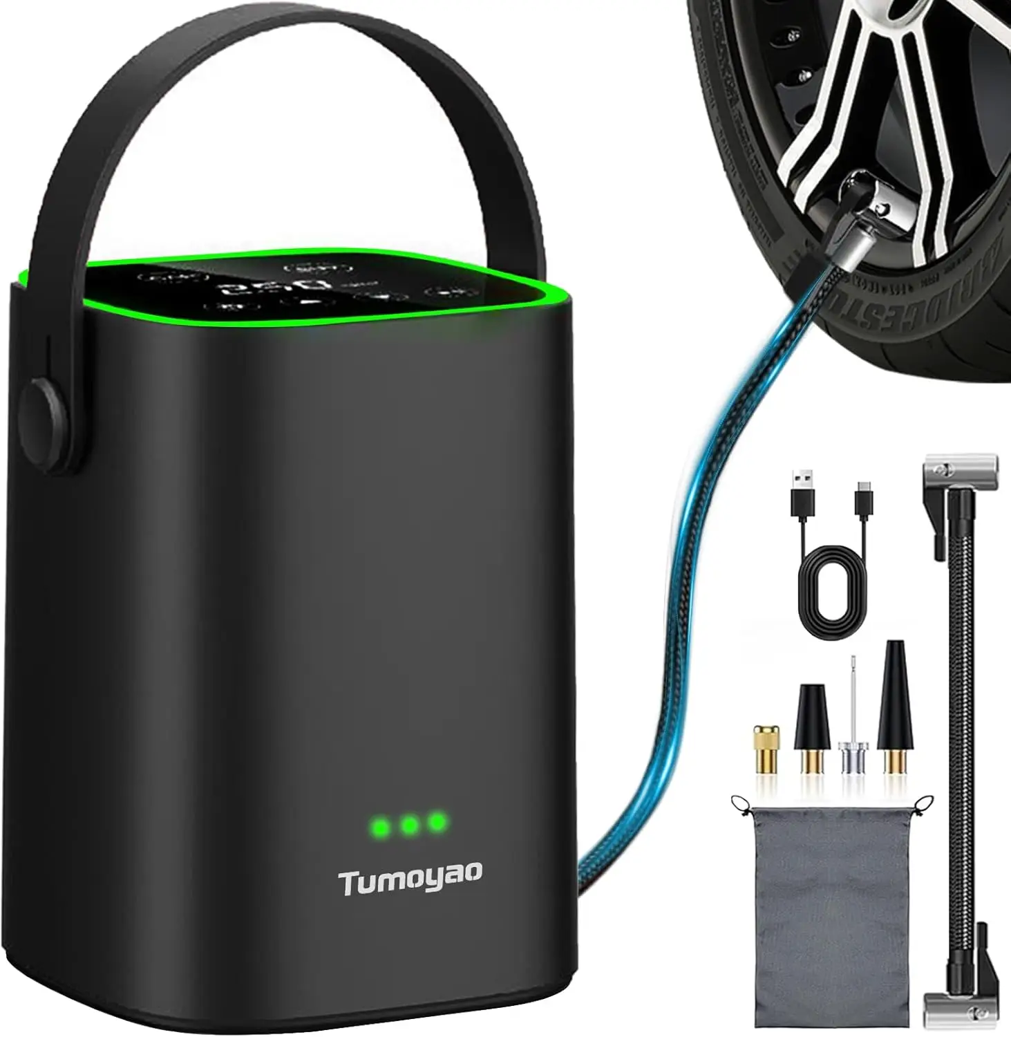 

Компактный портативный перезаряжаемый насос для накачивания шин 150 фунтов на квадратный дюйм для автомобилей, велосипедов, мотоциклов - комплект для обслуживания автомобиля