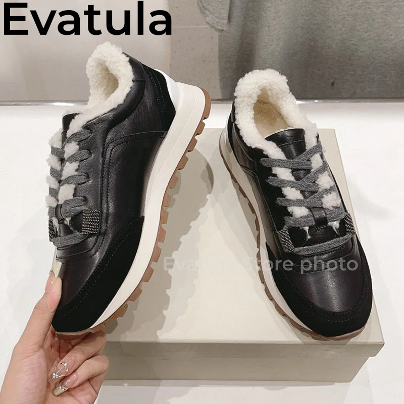 Winter Thick Sole Lace Up Fur Sneakers For Women High Quality Round Toe Suede Beaded Flat Shoes Casual Walking Wool Shoes Female