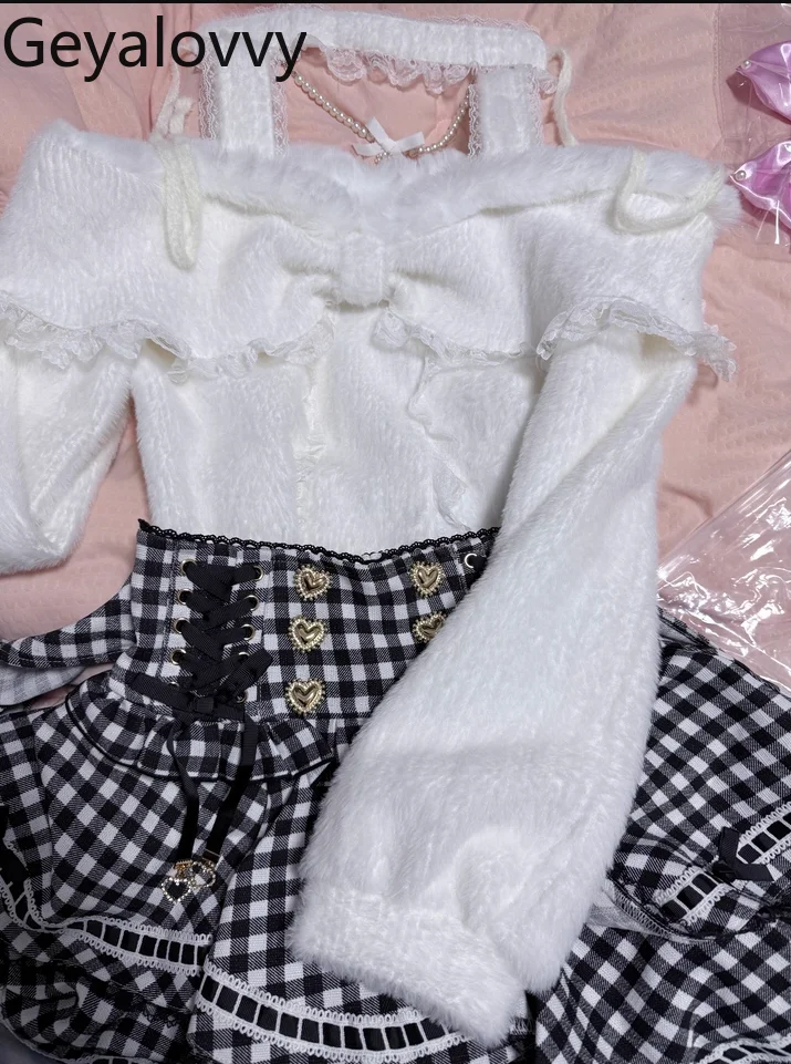 

Original Mass-Produced Solid Color Fleece-Lined Sweater Autumn Winter Sweet Girls Versatile Off-Shoulder Long Sleeve Pullover