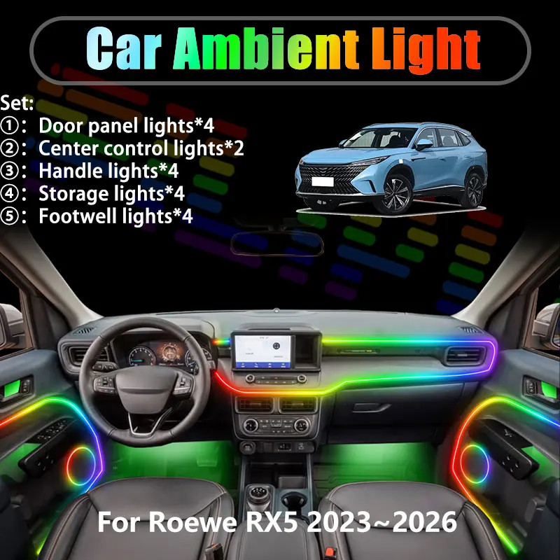 Для Roewe RX5 2023~2026, D5X, eRX5, MG HS: Комплект светодиодной подсветки салона и багажника 2/18 в 1, USB RGB, с эффектом потока