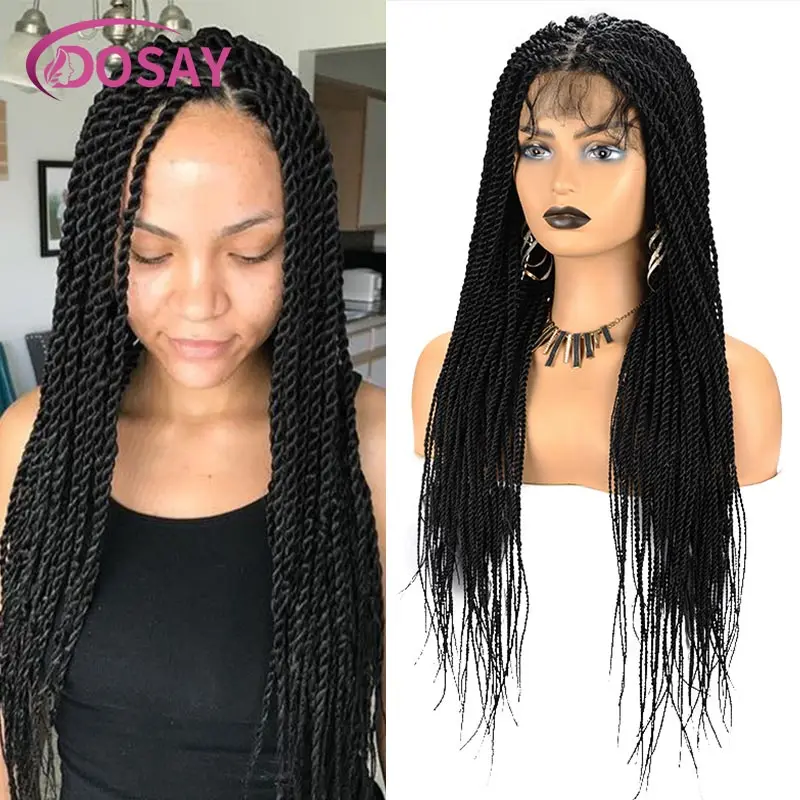 Peruca sintética Full Lace Front para mulheres negras, perucas trançadas senegalesas, caixa sem nós da deusa, 36"