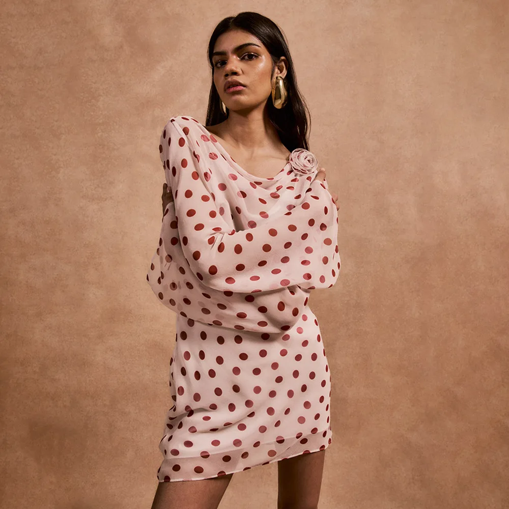 Polka Dot Long Sleeve Sexy Mini Dress Women Fashion Autumn Winter New Cowl Collar Backless Bodycon Club Party Dress