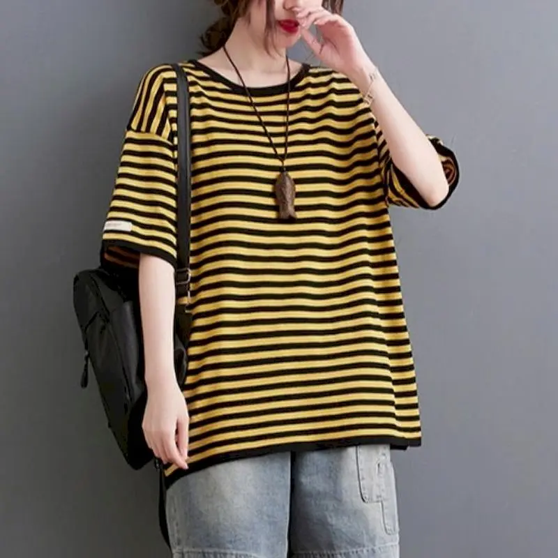 Cotton Stripe T-shirts Women Casual Loose Short Sleeve Slim Tops Summer Trend Thin Oversized T Shirt Korean Style Tshirt Y2k Top