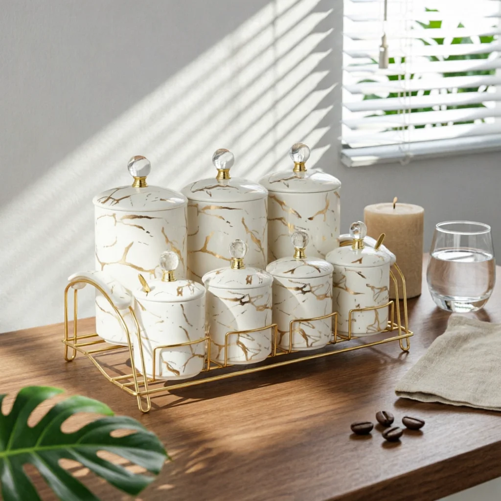 

7 Pieces Kitchen Canister Set Gold Trim Ceramic Storage Jar Set Sealed Storage Canisters Glossy Finish Ceramic Canister
