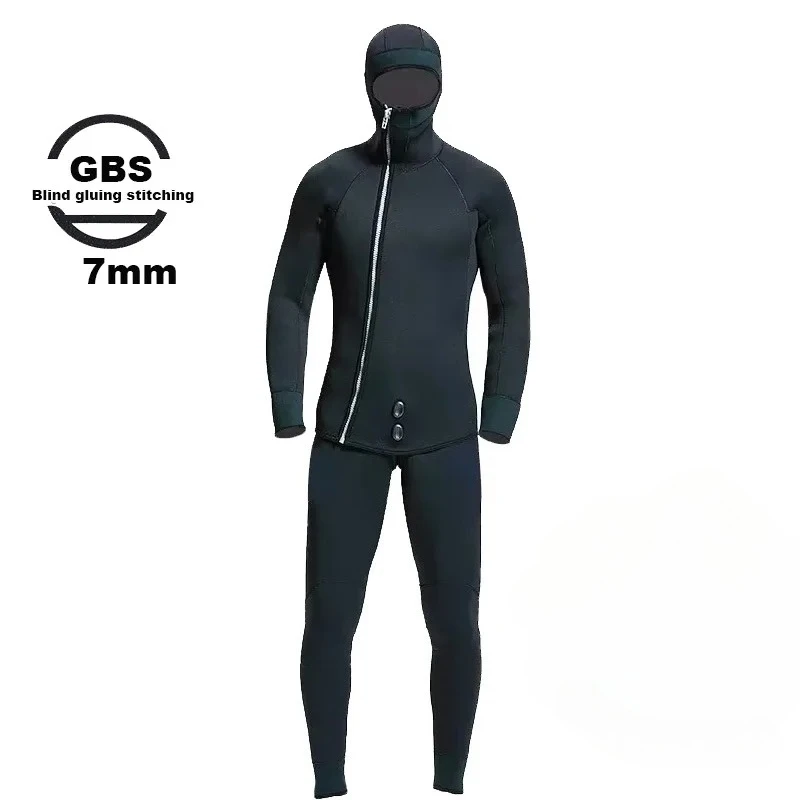 Men's 7mm Neoprene Wetsuit 2 Pieces Scauba Diving Spearfishing Suit  Wetsuits Hoodie Black,Blind Sewing Diving Suit