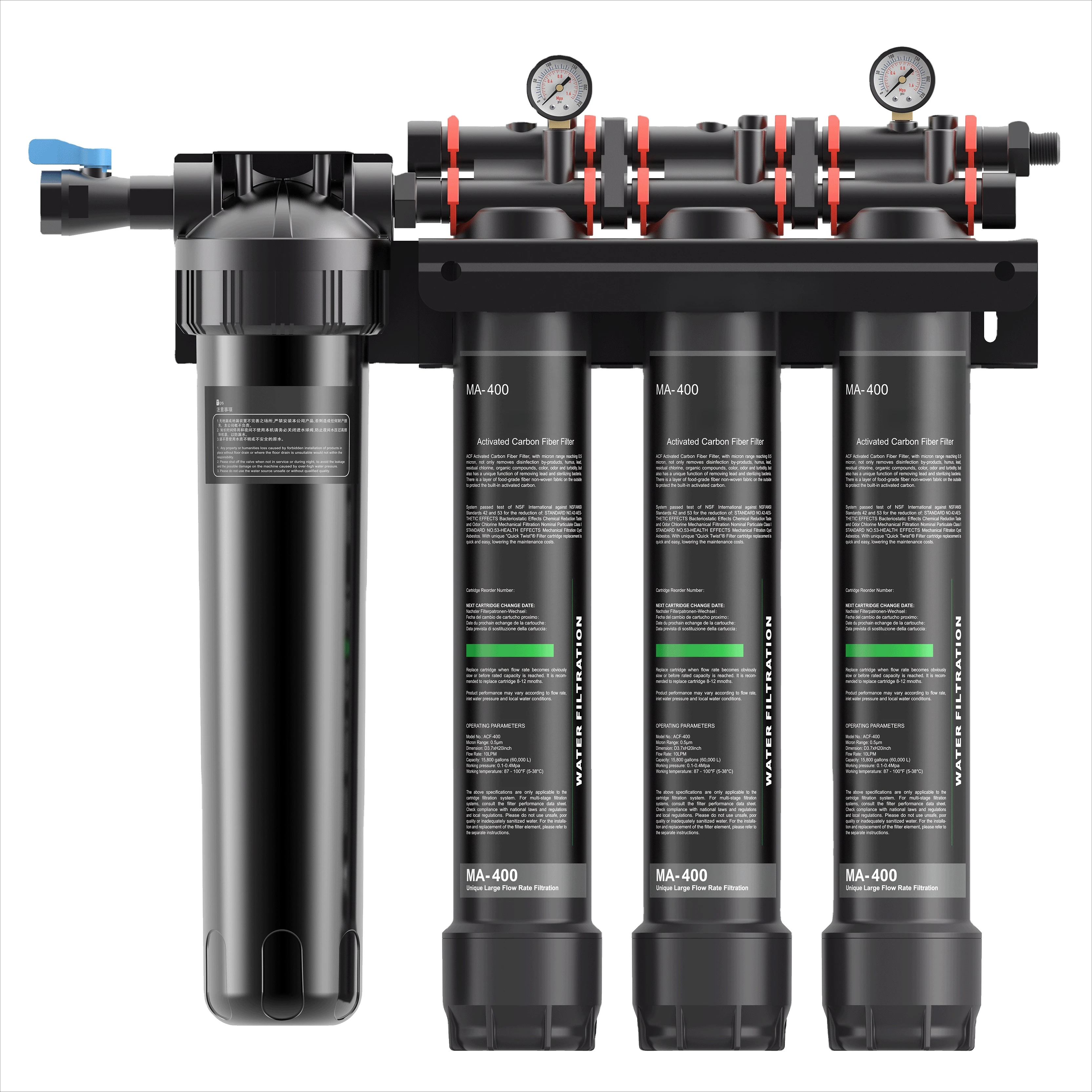 

3-grade water filtration for kitchen and shower water, for residential and commercial use, easy to replace filter elements