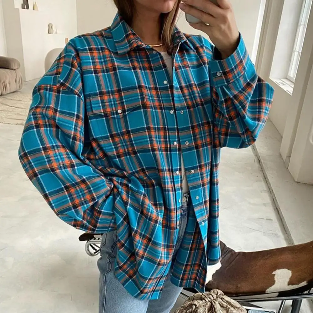 2024 Oversized Plaid Shirt Autumn Winter Women Vintage Long Sleeve Fashion Loose Lapel Pocket Shirt Fit Blouse Korean Style