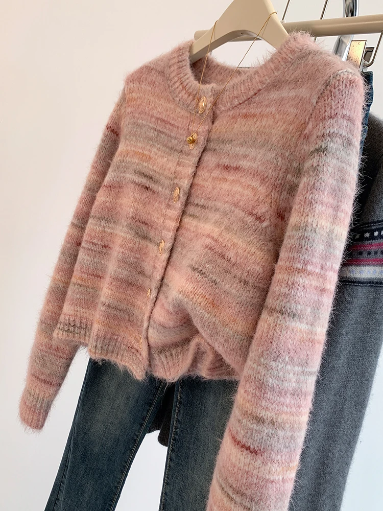 Korean Sweet Striped Sweaters Autumn Winter Women\'s Loose Casual Round Neck Single-breasted Knitted Cardigan Top