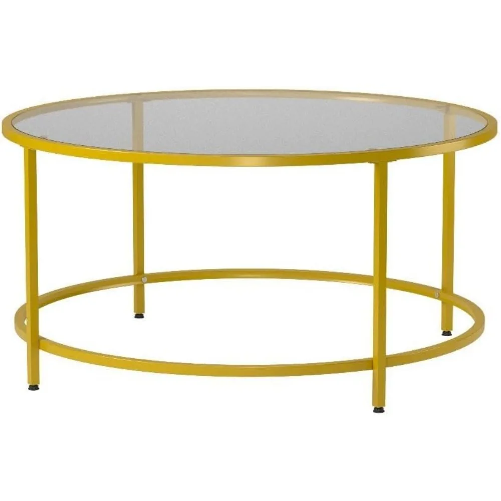 Golden living room glass coffee table, round glass coffee table with metal frame for home, office and apartment