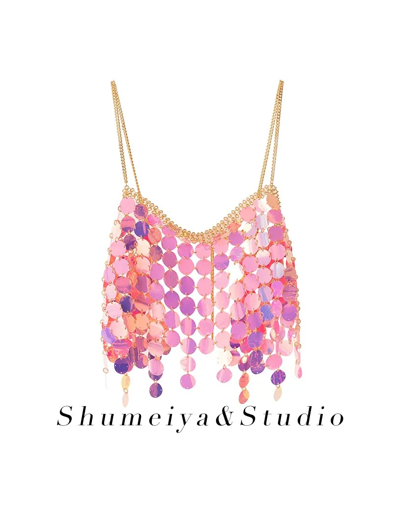 Summer Heavy Industry Sparkling Sequin Bead Chain Small Camisole Vest, Layered And Worn With Sexy Spicy Girl Hollow Top