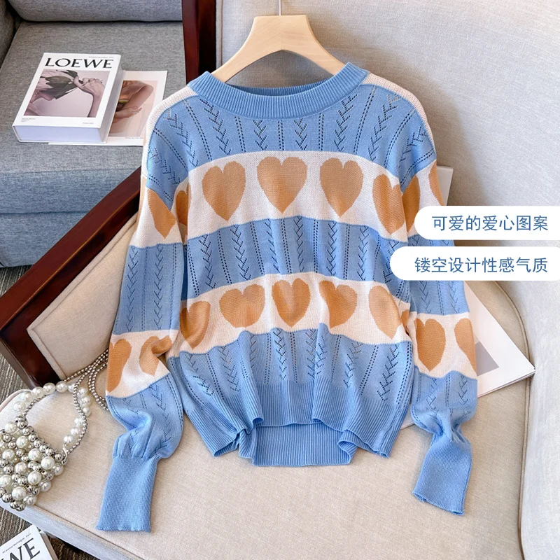 Women Blue Striped Knit Pullover Heart Pattern Sweater Harajuku Vintage Y2k Long Sleeves Cashmere Hollow Sweaters 2000s Clothes