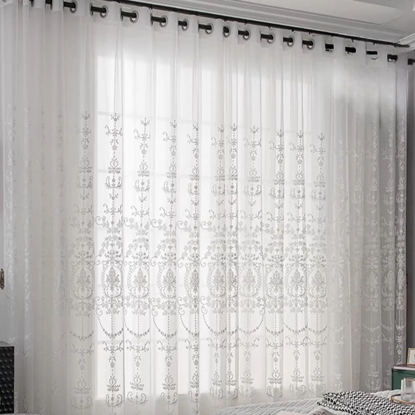 2Pc Embroidered Sheer White Curtain with Floral Pattern
