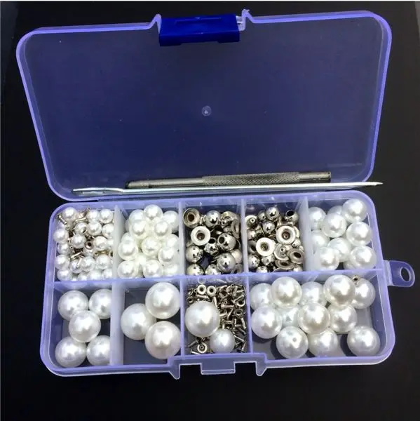 119Sets Mixed Size(6/8/10/12/14mm) Pearls Round Rivets Studs for Leathercraft DIY Lace Fashion With Box and Tools