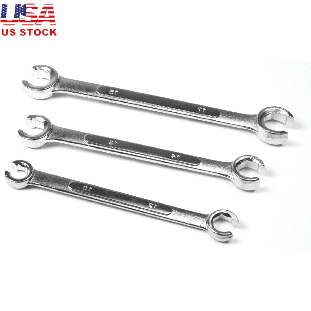 

3 Piece Flare Nut Wrench Set Durable Access Tool Brake Lines Fuel Lines Hydraulic Systems Polished Finish Non Corrosive