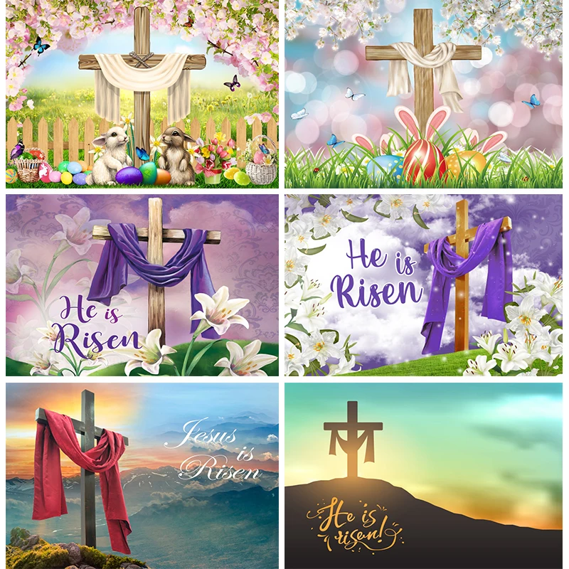 

He is Risen Backdrop Cross Jesus Resurrection Wall Banner Happy Easter Spring Flowers Decoration Background for Photography 2024