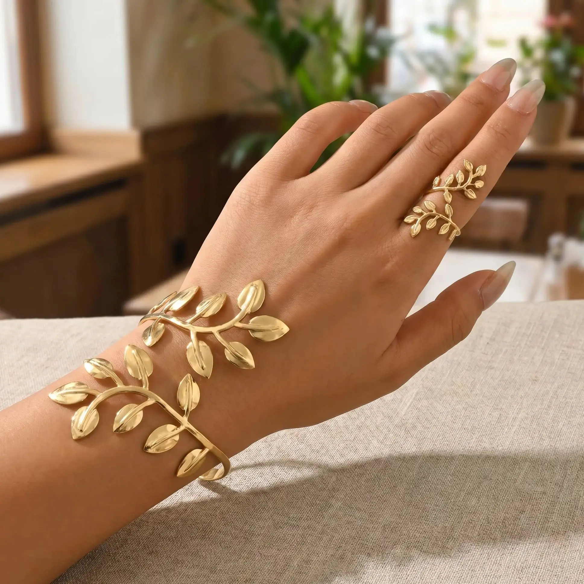 Vintage vergoldetes Blatt-Armband mit spiralförmigem, verstellbarem Ring-Set für Damen, Hochzeit, Party, Alltag, Schmuckgeschenke