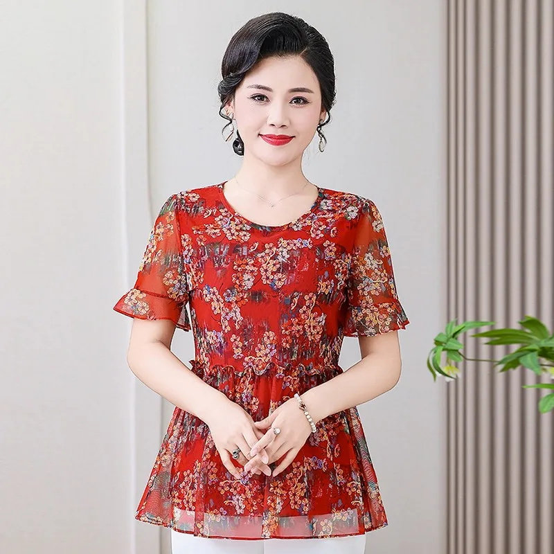 Summer Vintage Stylish Floral Printed Blouse Female Clothing Elegant Ruffles Spliced Short Sleeve Casual O-Neck Chiffon Shirt