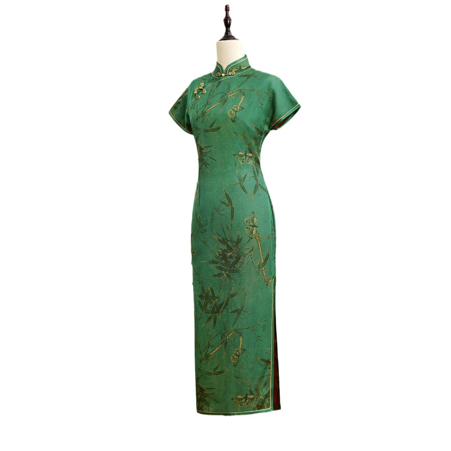 Xiangyun Yarn Heavy High Quality Real Silk Vintage Cheongsam Qipao Women's Clothing Dress Love Green Bamboo Daily Gambiered