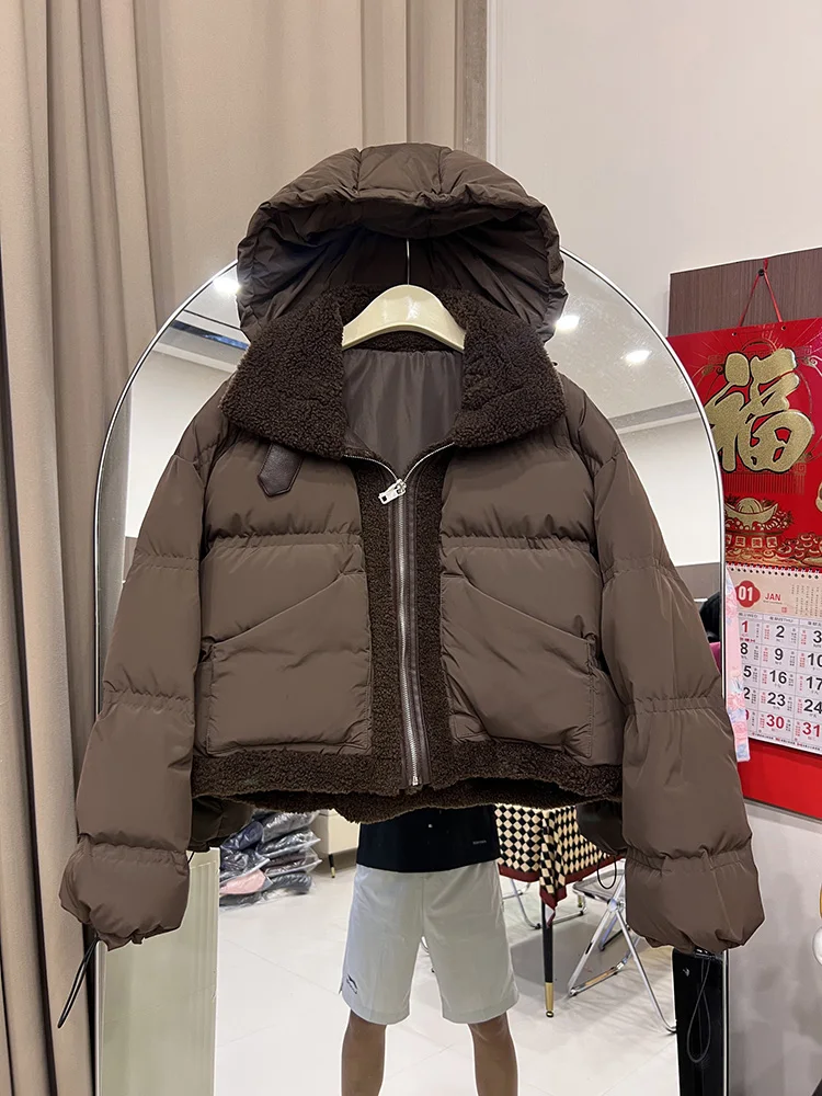 2025, neue Lamm-Daunenjacke für Damen, kurzer Stil, koreanische Ausgabe, Kapuzenpullover, abnehmbar, locker, modisch, vielseitig, weiße Entendaunenmantel