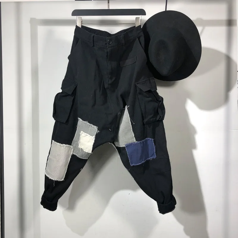 

Autumn Men's Dark Style Personalized Beggar Stitching Patch Distressed Pants Japanese Leisure Loose Big Crotch
