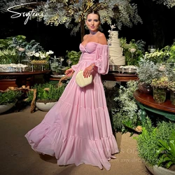 Elegant Chiffon Evening Dresses Off the Shoulder Long Sleeves Arabic Women Prom Gowns Wedding Guest Formal Occasion Party Dress