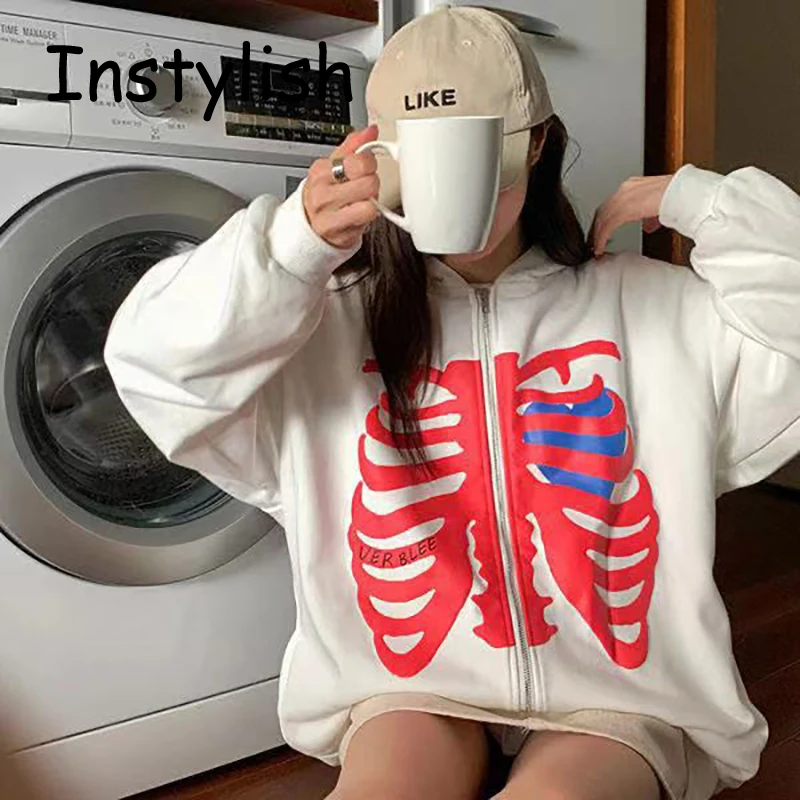 Gothic Skeleton Print Hoodies Men Women Y2K Long Sleeve Hooded Sweatshirts Harajuku Loose Zip Up Hoodie Jacket Coat Streetwear