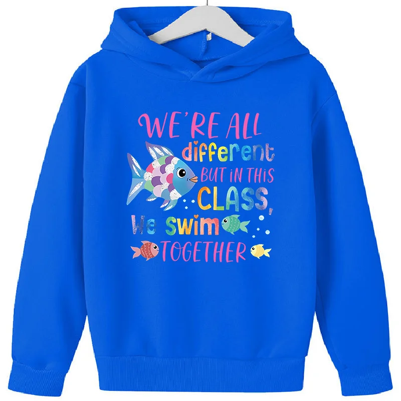 Kids Hoodie, Colorful Rainbow Fish Inspirational Quote Print Long Sleeve Pullover Casual Boys Girls Hooded Sweatshirt Tops