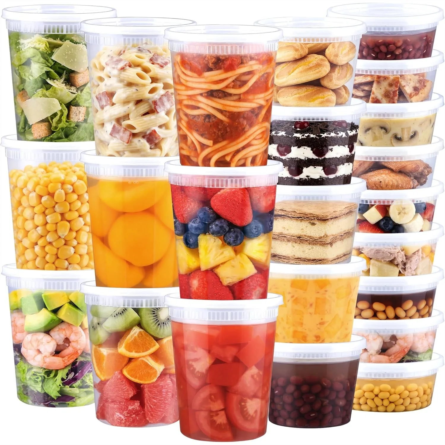 

60 Set Deli Containers with Lids, 32/16/8 oz Each, Leak-Proof Airtight Stackable Plastic Food Storage