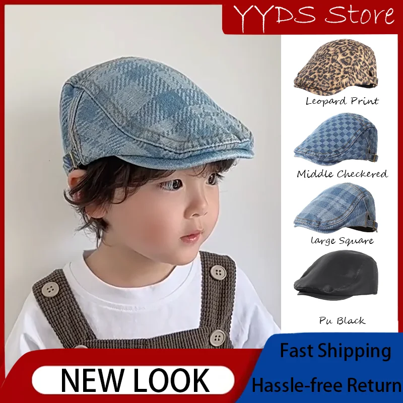 Children's Leopard Print Forward CapBrown PU Leather Unisex Duckbill HatPunk Denim Jazz Hat