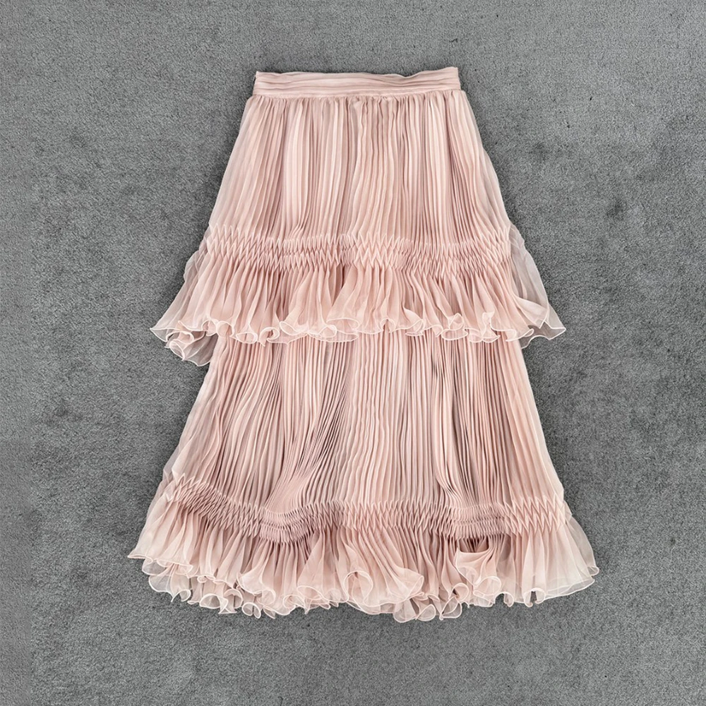 Women Pink Chiffon Pleated Midi Skirt Tiered Ruffle Layered Elastic Waist Flowy A-Line Summer Casual Party Skirt New 2026 Y2K