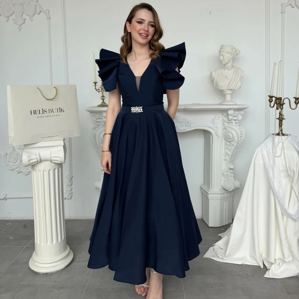 Customized Navy Blue Formal Evening Gown with V-Neckline Statement Ruffled Sleeves and Crystal Embellished Belt Flared