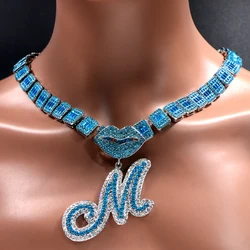 Iced Out Blue Cursive Initial Crystal Letter Necklace For Women High Quality Square Cuban Chain Baguette Rapper Necklace Jewelry