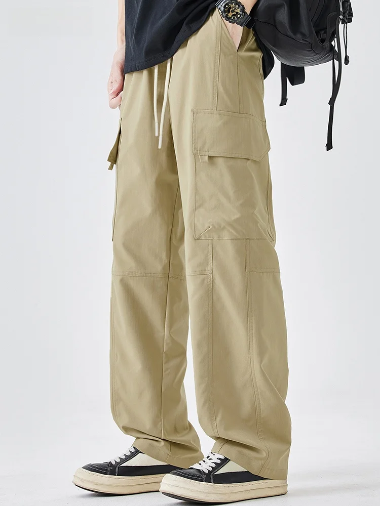 

Повседневные свободные прямые брюки для уличной спецодежды, мужские летние осенние американские модные молодежные длинные брюки из ледяного шелка