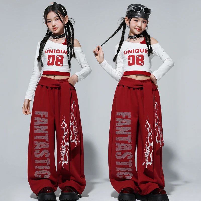 

Детские костюмы для хип-хопа 2026: укороченные топы и красные брюки для девочек, уличная одежда, современный костюм для выступлений в стиле джаз DQS21989