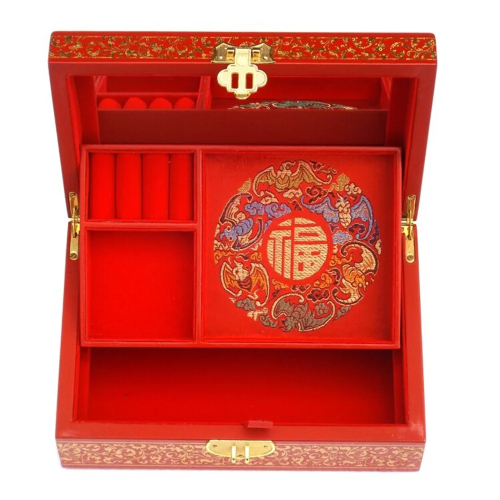 Chinese Retro 2 Layer Wood Storage Box Flower Painting with Mirror Earring Organizer Display Jewelry Boxes Wedding Bride Case